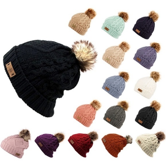 Blue Pom Pom Fleece Lined Beanie - Picture 2 of 2